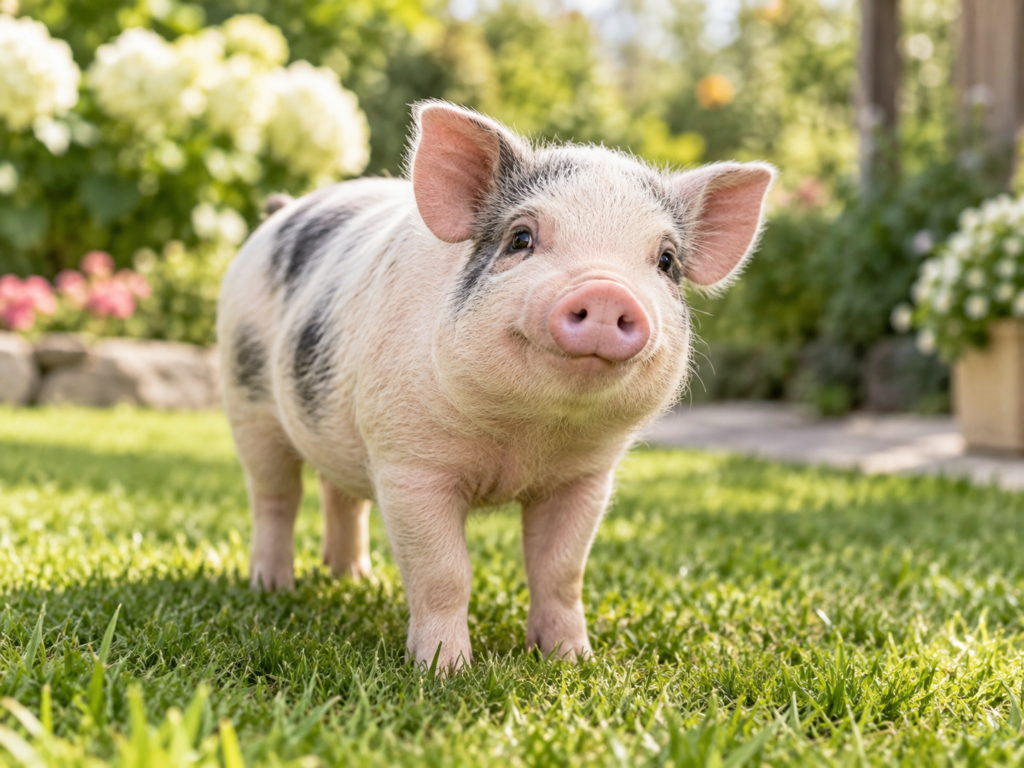 Cute miniature pet pig standing in a bright outdoor garden with green grass, flowers and natural sunlight.