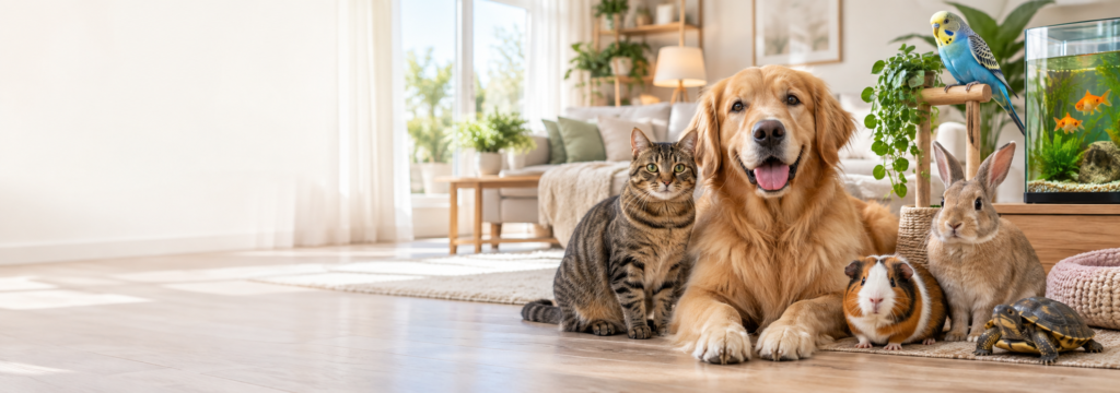 Friendly household pets in a bright modern home, including a golden retriever, tabby cat, rabbit, guinea pig, budgie and turtle, for a pet care website hero banner