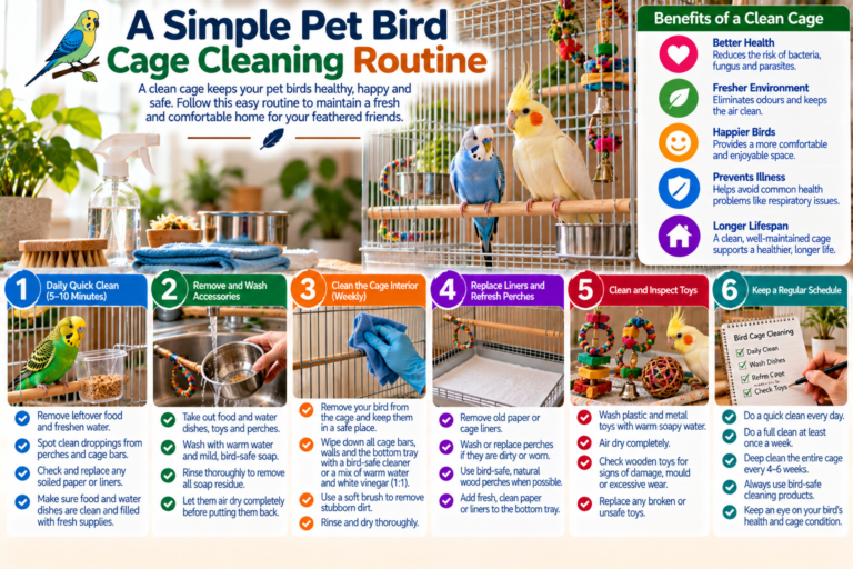 Pet bird beside a freshly cleaned cage with replaced liner, clean food and water dishes, wiped perches and safe toys, illustrating a simple bird cage cleaning routine.