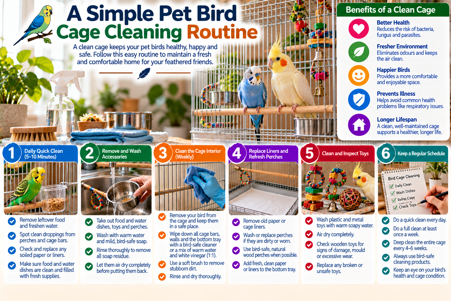 Pet bird beside a freshly cleaned cage with replaced liner, clean food and water dishes, wiped perches and safe toys, illustrating a simple bird cage cleaning routine.