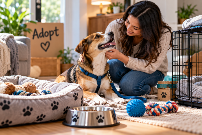 Newly adopted rescue dog settling into a calm home with its owner nearby, illustrating the adjustment period during the first few weeks after adoption.