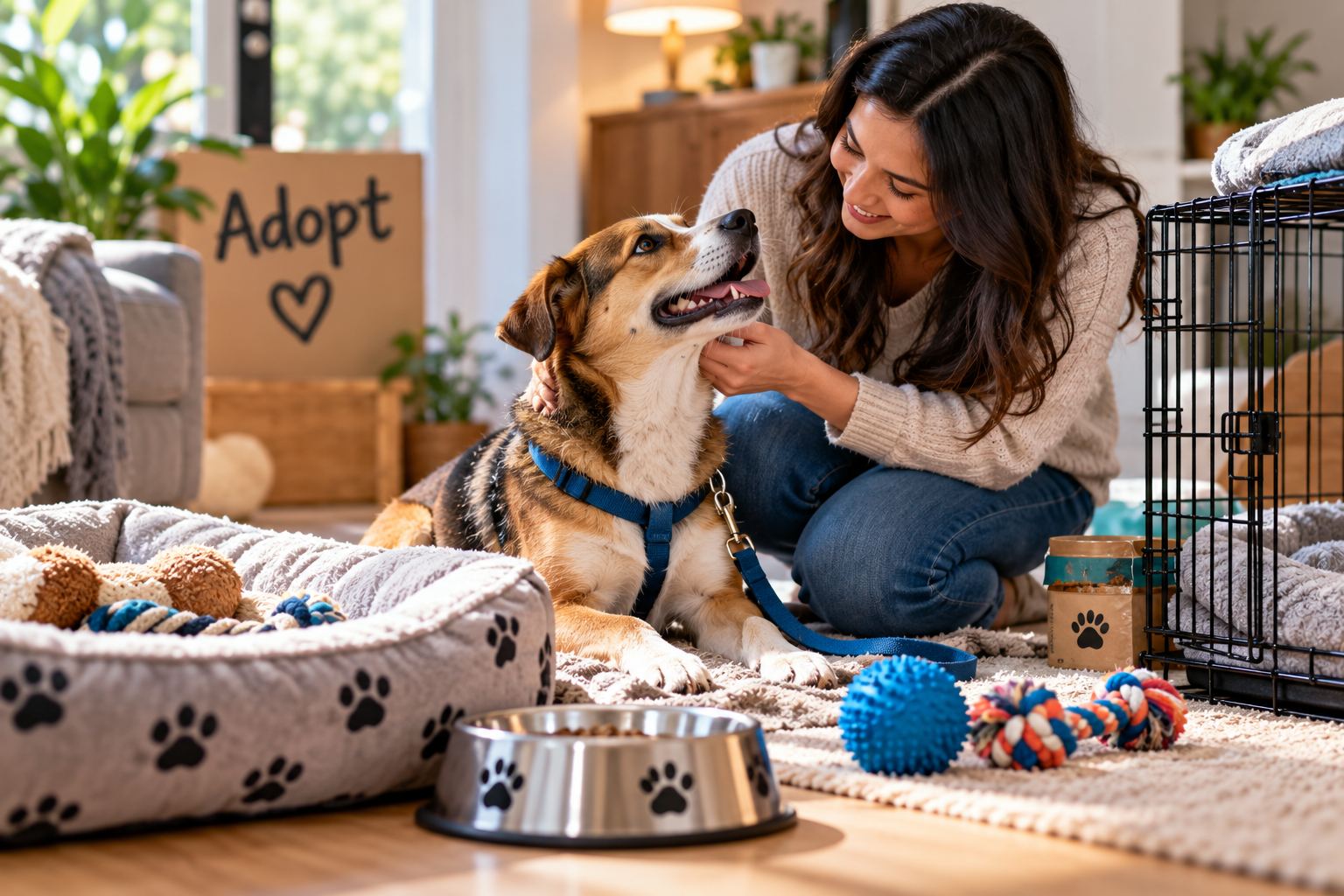 Newly adopted rescue dog settling into a calm home with its owner nearby, illustrating the adjustment period during the first few weeks after adoption.