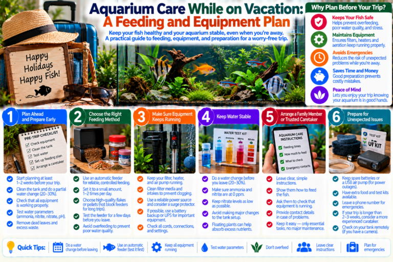 Freshwater aquarium prepared for vacation with an automatic feeder, timer-controlled lighting, filter, heater and a written care checklist beside the tank, illustrating a safe feeding and equipment plan while the owner is away.