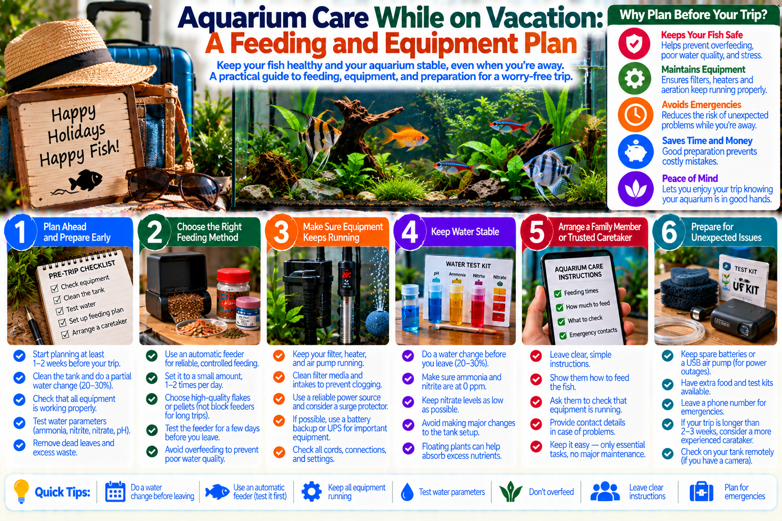 Freshwater aquarium prepared for vacation with an automatic feeder, timer-controlled lighting, filter, heater and a written care checklist beside the tank, illustrating a safe feeding and equipment plan while the owner is away.