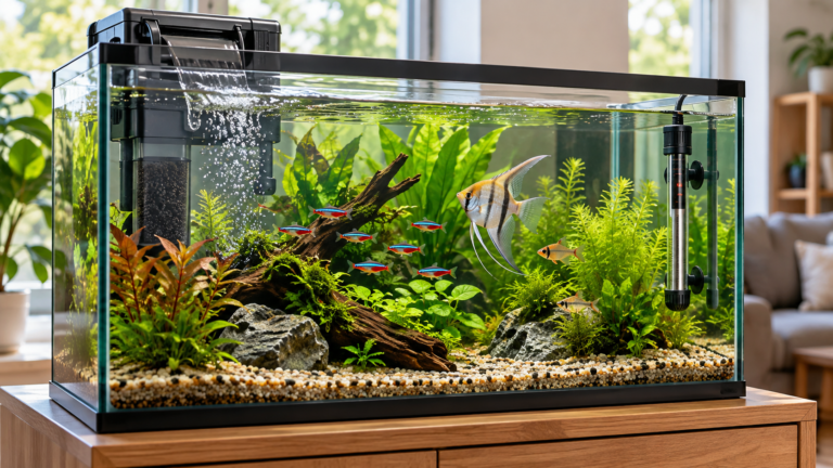 Planted freshwater aquarium with a filter and aquarium heater installed, showing essential equipment for maintaining clean water and stable temperature.