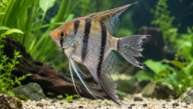 Freshwater angelfish showing white spot disease and damaged fins in a planted aquarium, illustrating common aquarium fish diseases including ich and fin rot.