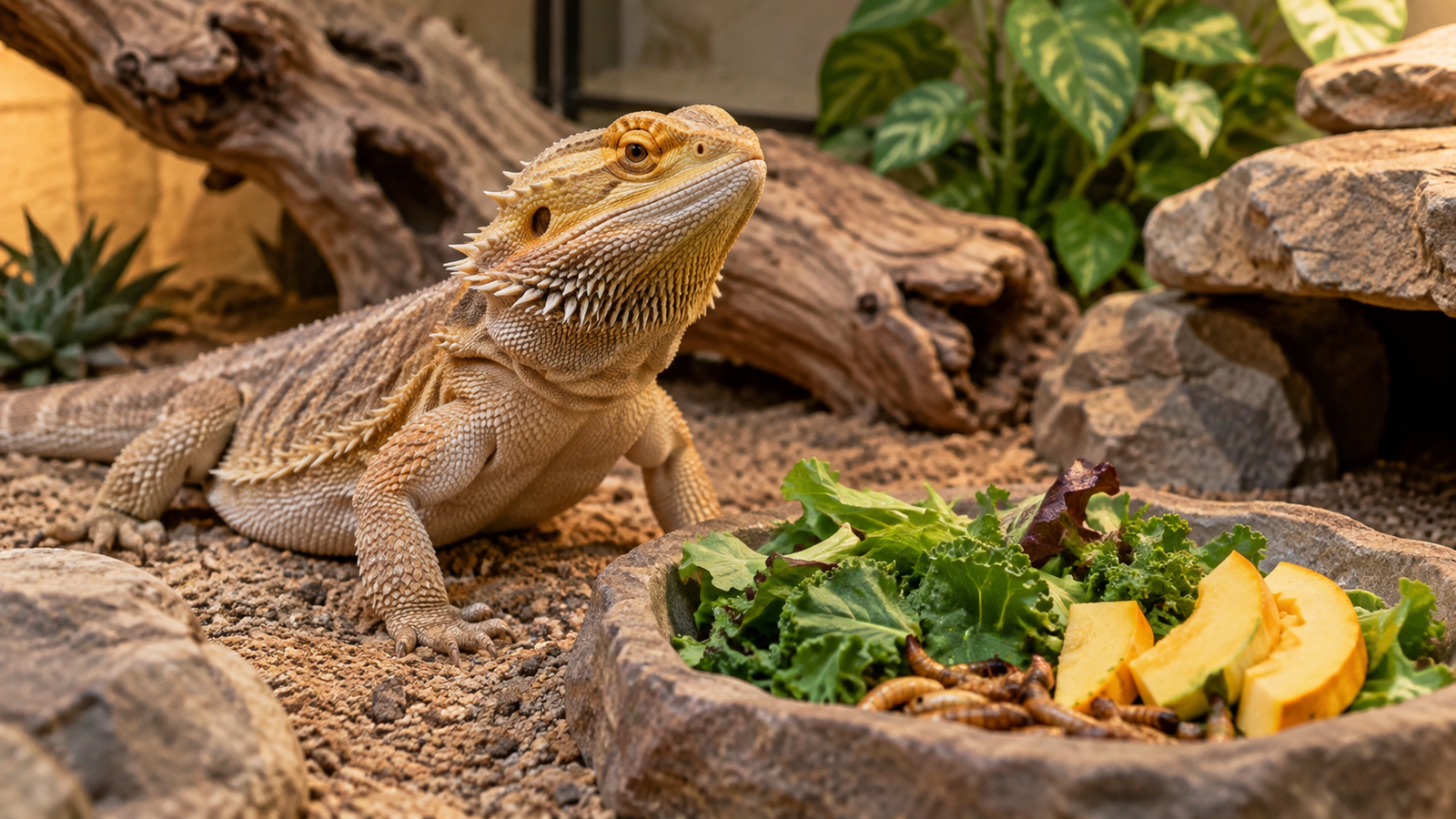Healthy bearded dragon beside fresh greens and feeder insects