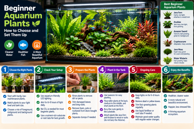 Beginner-friendly freshwater aquarium with easy aquatic plants being arranged in substrate around driftwood and rocks, illustrating how to choose and set up live aquarium plants.