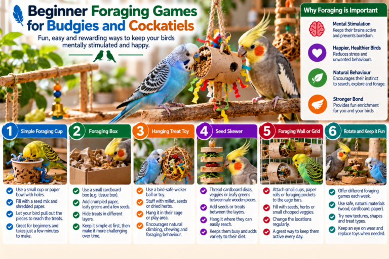 Budgie and cockatiel exploring simple beginner foraging activities with paper cups, natural toys and hidden treats in a bright bird-safe play area.
