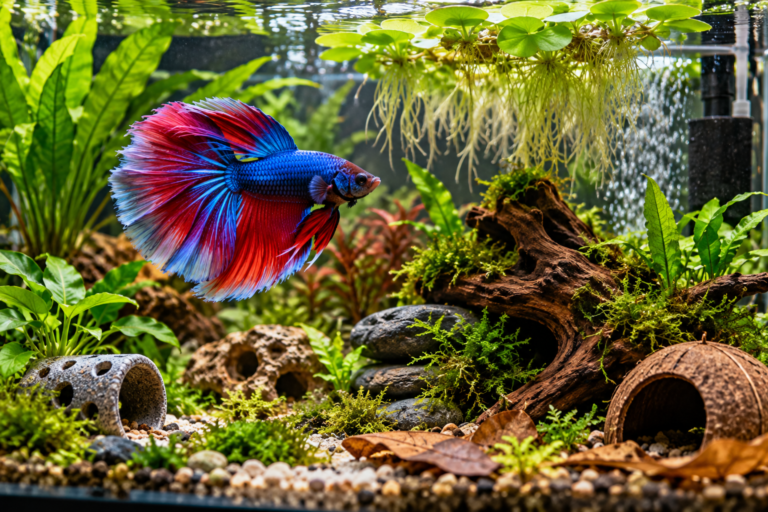 Betta fish exploring a planted aquarium with floating leaves, caves, driftwood and gentle enrichment features designed to provide more than open swimming space.