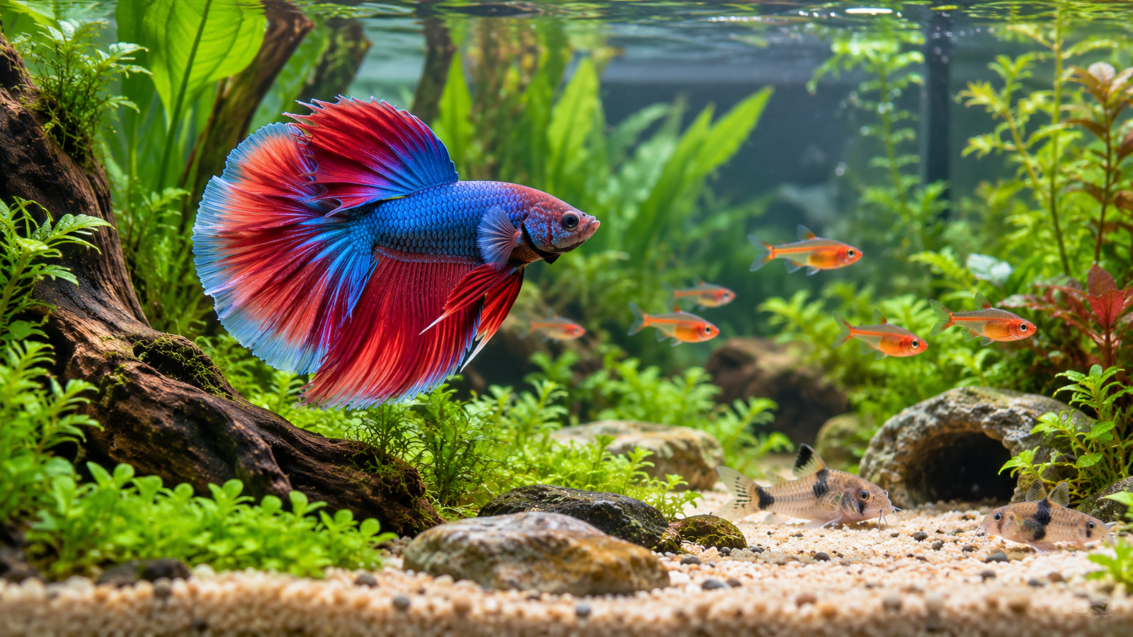 Healthy betta fish swimming with small compatible community fish in a clean planted freshwater aquarium.