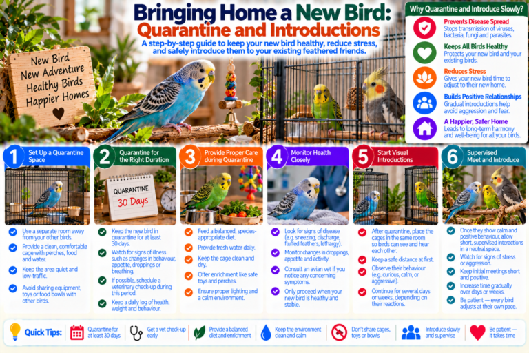 Newly adopted pet bird housed in a separate quarantine cage while a resident bird remains in another room, illustrating a gradual introduction process before birds share space.