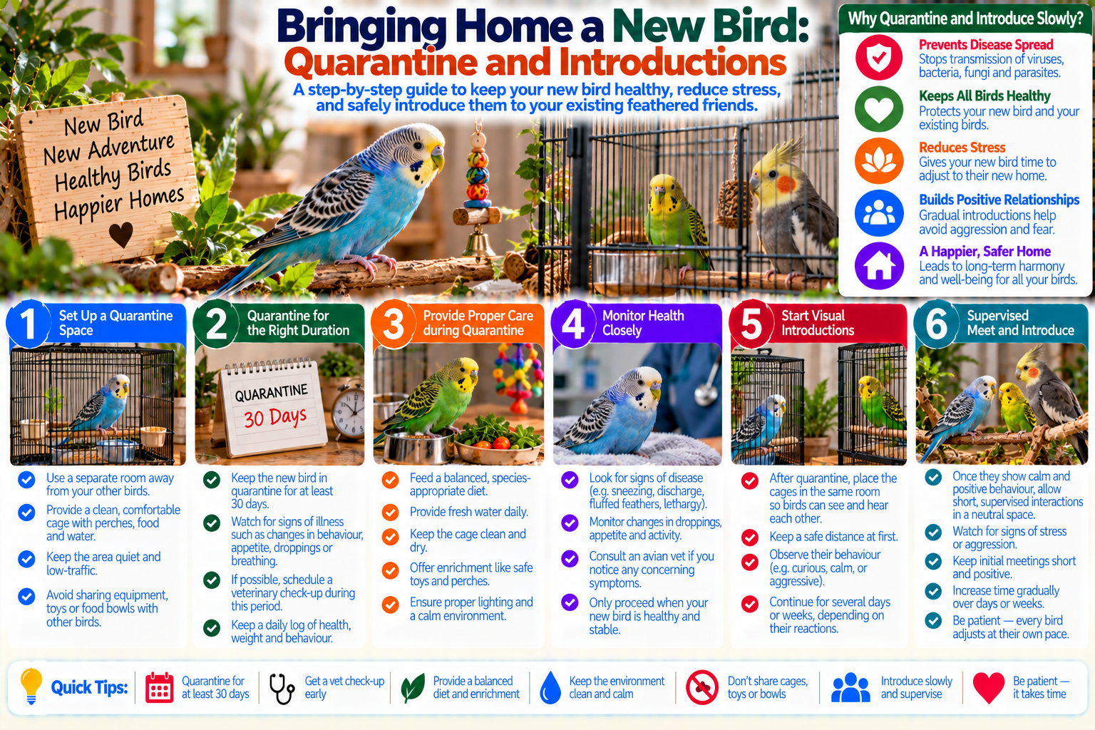 Newly adopted pet bird housed in a separate quarantine cage while a resident bird remains in another room, illustrating a gradual introduction process before birds share space.