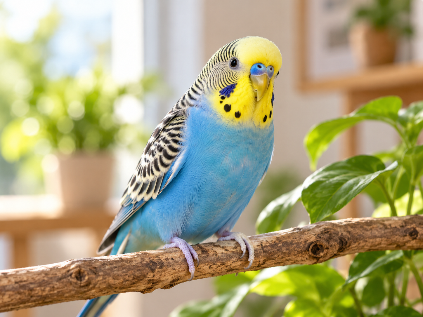 Healthy budgie beside fresh vegetables and balanced bird food