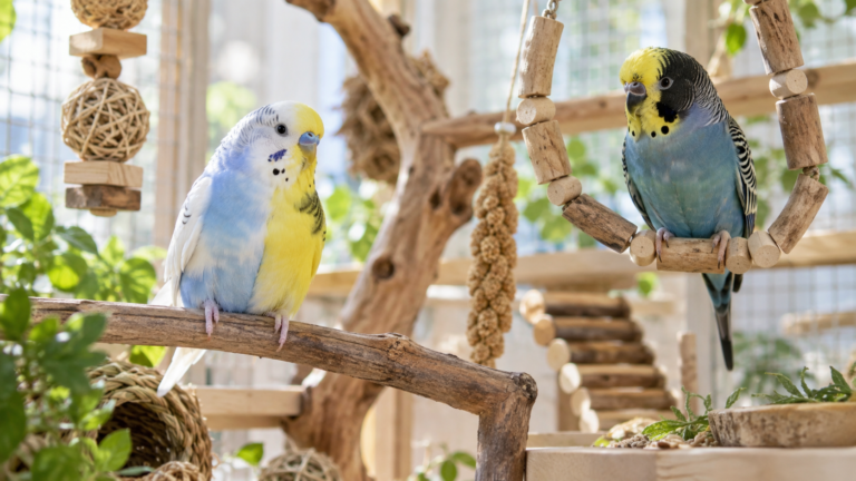 Budgie enjoying toys and enrichment in a bright bird enclosure