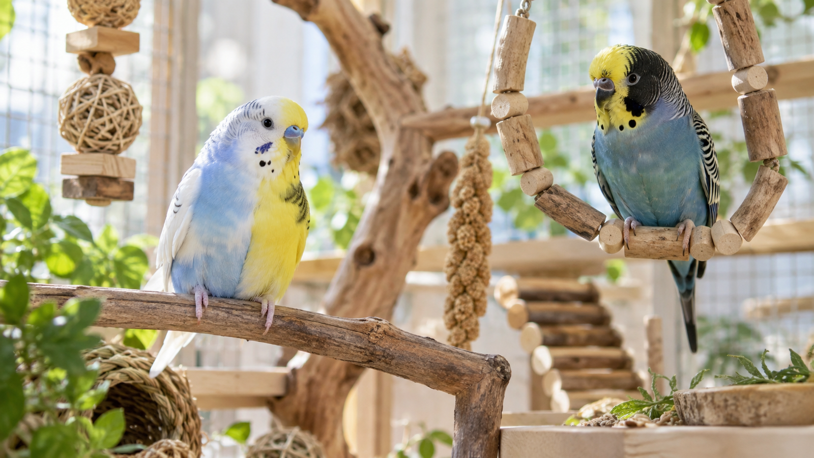 Budgie enjoying toys and enrichment in a bright bird enclosure