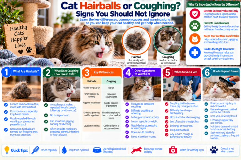 Cat crouching and coughing beside a hairball with a pet carrier and veterinary notes nearby, illustrating the difference between normal hairballs and respiratory or health warning signs that need attention.
