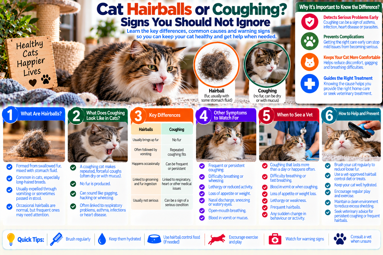 Cat crouching and coughing beside a hairball with a pet carrier and veterinary notes nearby, illustrating the difference between normal hairballs and respiratory or health warning signs that need attention.