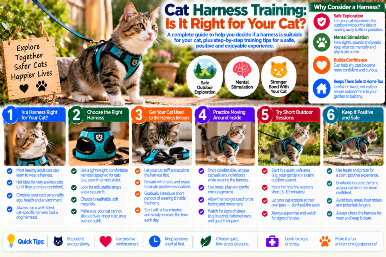 Cat wearing a comfortable harness indoors while its owner uses treats and a loose leash during gradual training, illustrating whether harness walking is suitable for a cat.
