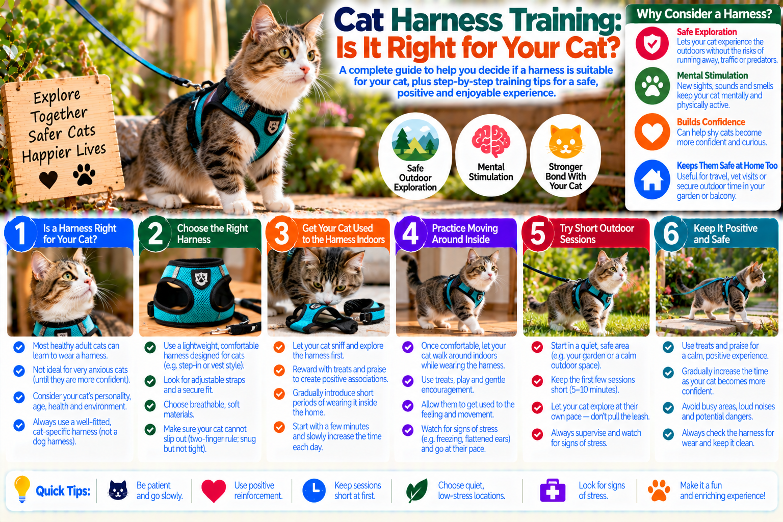 Cat wearing a comfortable harness indoors while its owner uses treats and a loose leash during gradual training, illustrating whether harness walking is suitable for a cat.