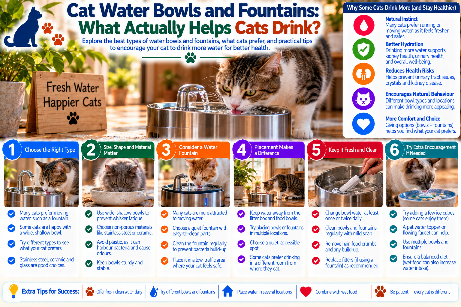 Cat choosing between a wide ceramic water bowl and a flowing pet fountain in a quiet home, showing how fresh water, bowl shape and placement can encourage better hydration.