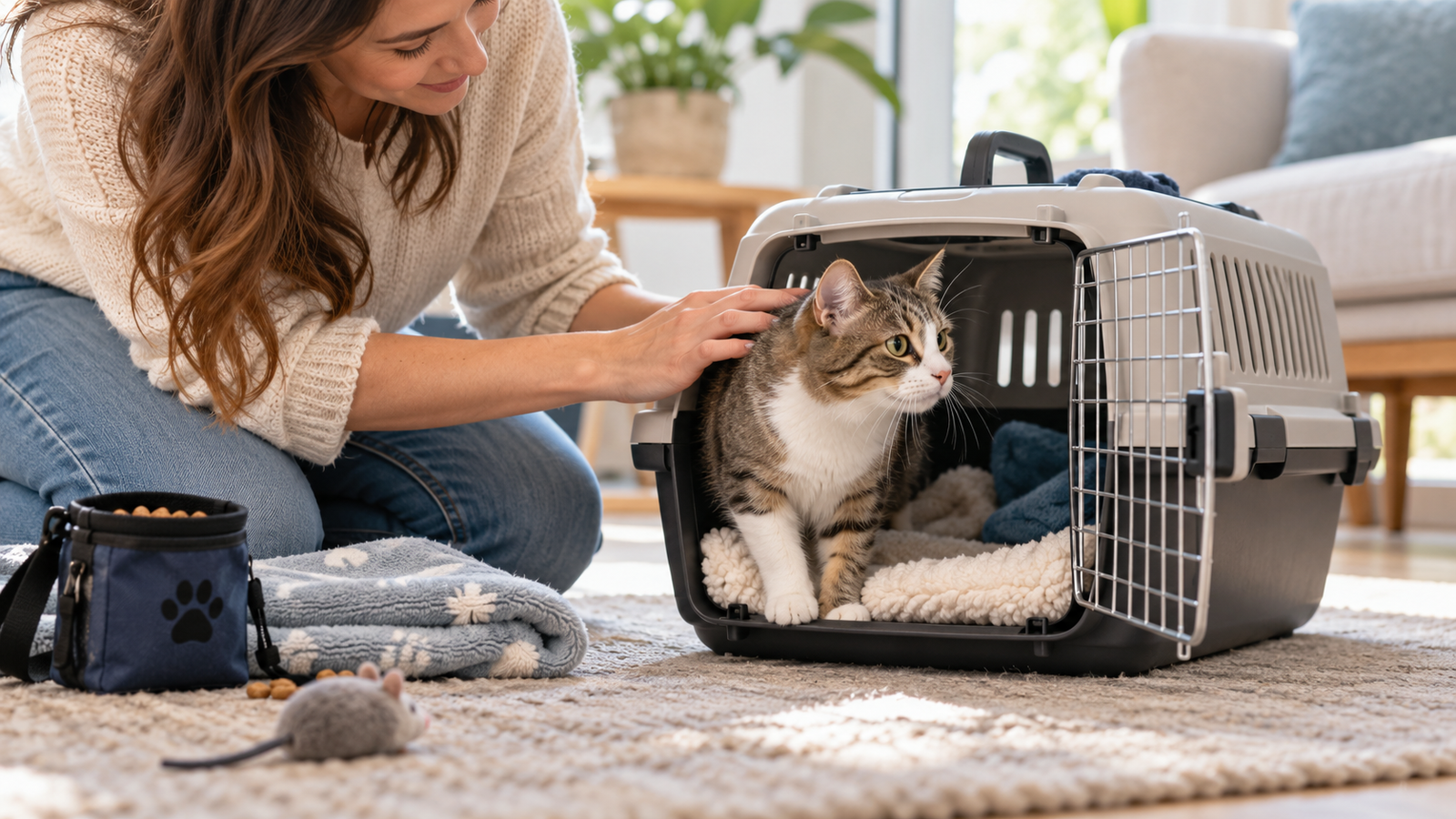 Cat calmly entering a secure pet carrier with its owner nearby, illustrating carrier training and ways to reduce stress before veterinary visits.