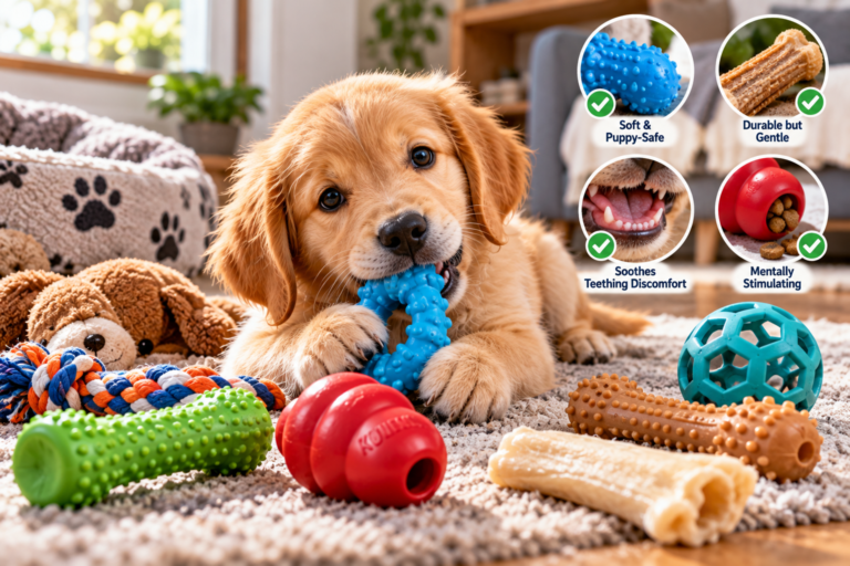 Teething puppy exploring a selection of safe chew toys with different textures and sizes in a bright home, illustrating how to choose appropriate puppy chew toys.