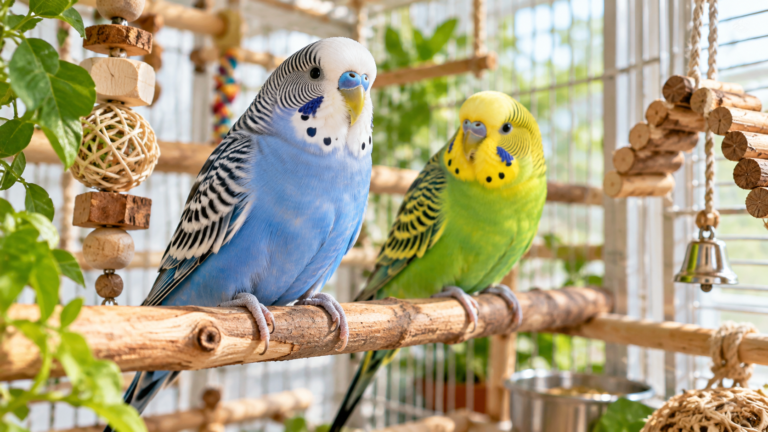 Two healthy budgies perched together in a spacious enriched bird enclosure, illustrating whether to keep one budgie or a pair.