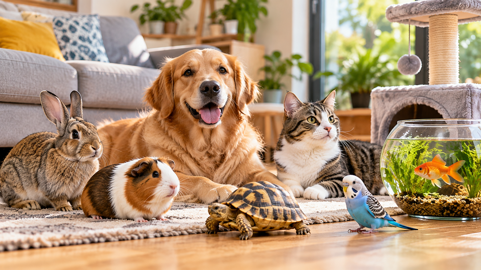 Dog, cat, rabbit, guinea pig, tortoise, budgie and goldfish together in a bright modern home for choosing the right household pet.