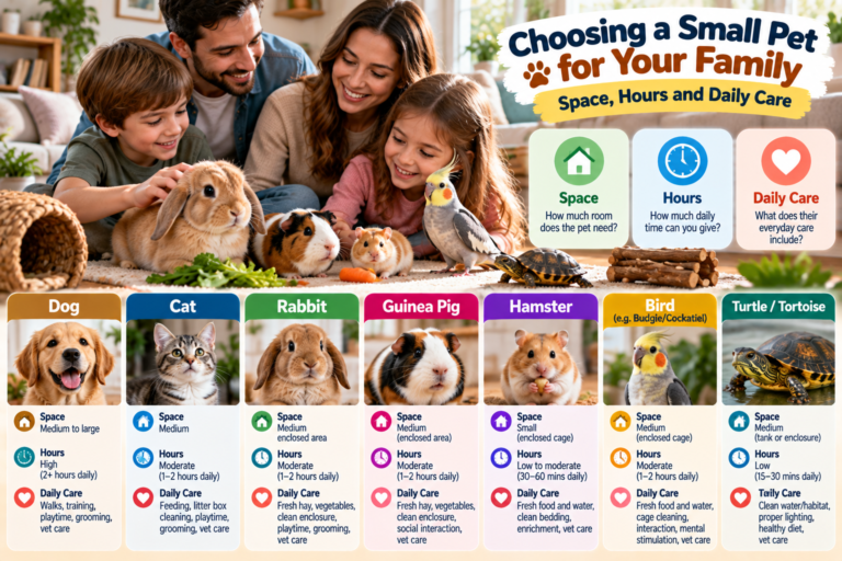 Family comparing a rabbit, guinea pig and hamster in separate safe habitats, illustrating how space, available time and daily care needs affect choosing a small pet.