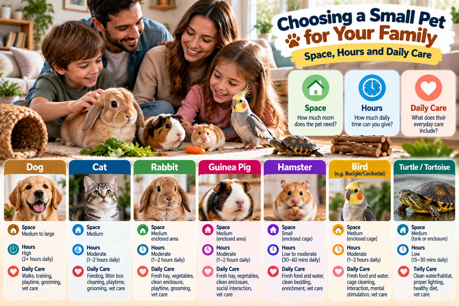 Family comparing a rabbit, guinea pig and hamster in separate safe habitats, illustrating how space, available time and daily care needs affect choosing a small pet.