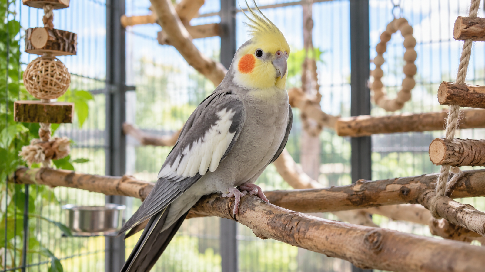 Healthy cockatiel perched inside an enriched bird enclosure