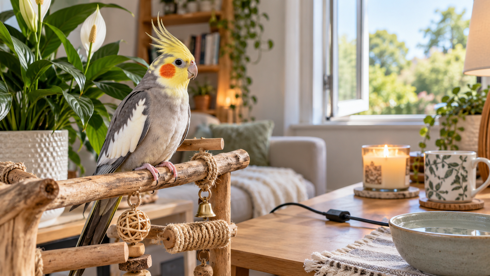 Cockatiel perched in a modern home near an open window, candle, electrical cord and houseplants, illustrating common household hazards for pet birds.