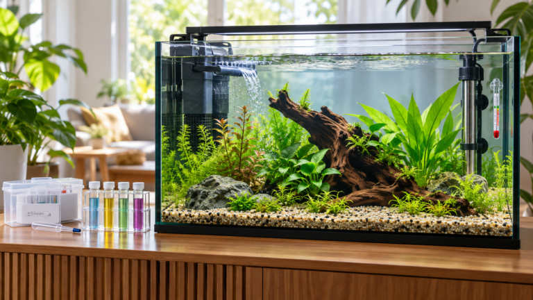 New planted freshwater aquarium cycling without fish, with filter, heater and water testing kit used to establish safe water conditions before adding fish.