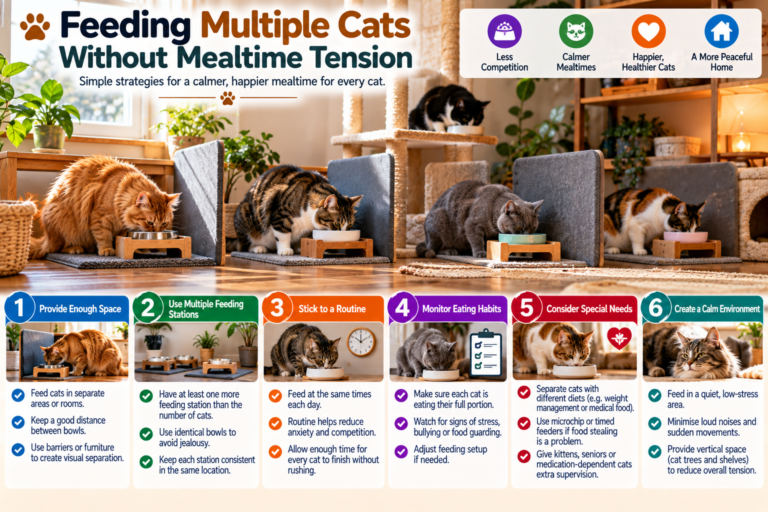 Multiple cats eating calmly from separate food bowls placed at comfortable distances in a quiet home, illustrating low-stress feeding for multi-cat households.