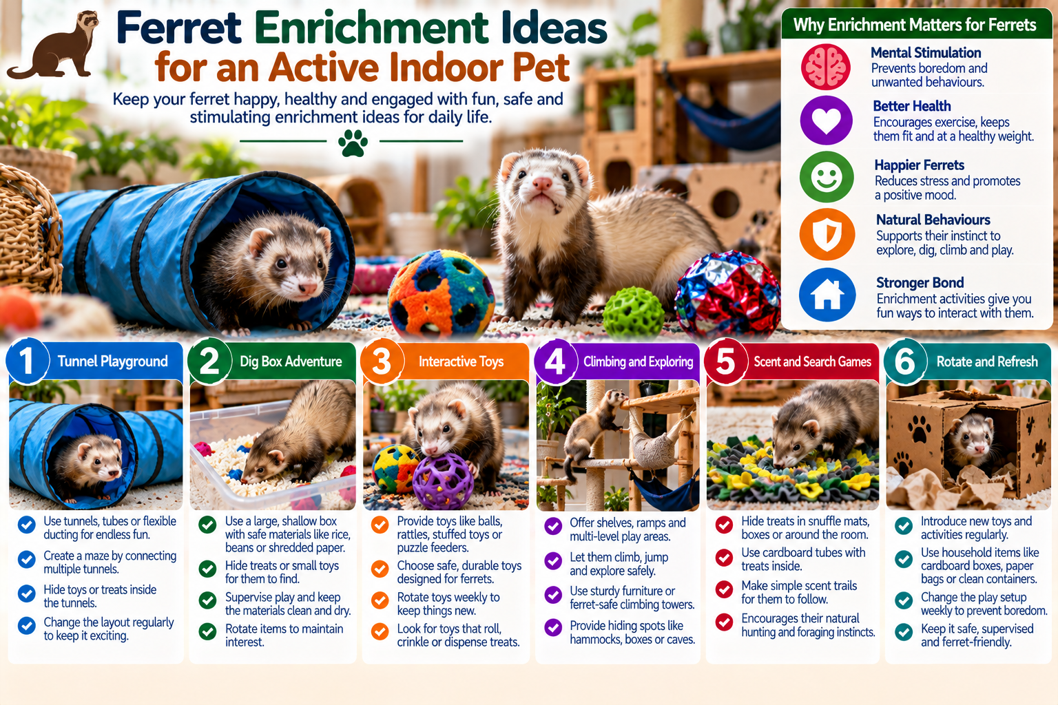 Pet ferret exploring an indoor enrichment area with tunnels, dig box, climbing platforms and interactive toys designed to support active play and natural behavior.