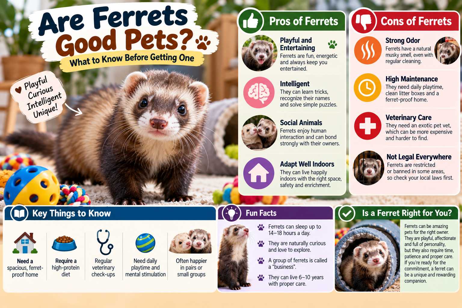Healthy pet ferret exploring a safe indoor play area with tunnel, bed and enrichment toys, illustrating what to consider before getting a ferret.