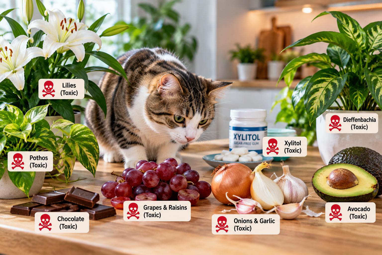 Domestic cat near common household hazards including lilies, chocolate, grapes, onions and garlic, illustrating plants and foods that are poisonous to cats.