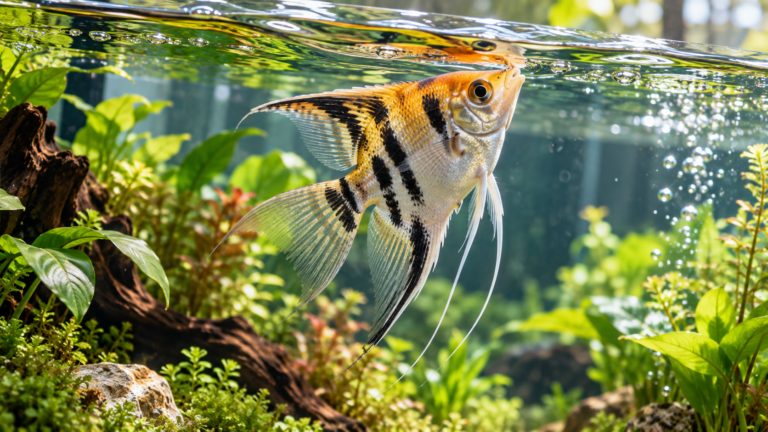 Freshwater fish swimming near the surface of a clean aquarium