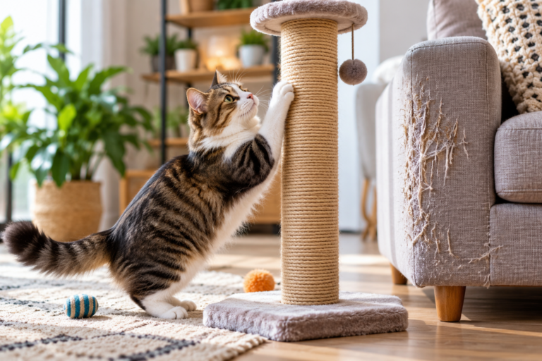 Indoor cat using a scratching post beside protected furniture in a bright home, illustrating how to redirect scratching behavior away from sofas and chairs.