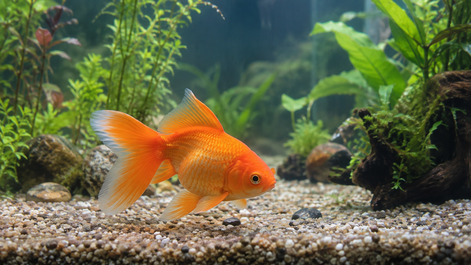 Goldfish swimming near the bottom of a clean freshwater aquarium