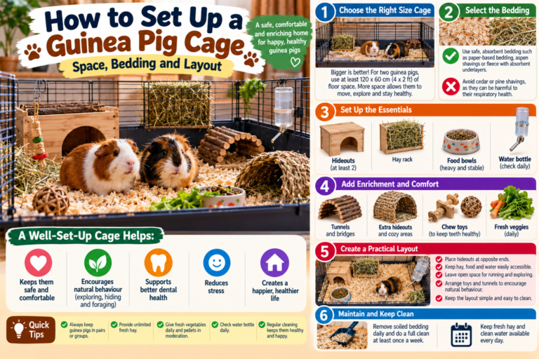 Spacious guinea pig enclosure with deep bedding, hay area, hideouts, water bottle, food bowls and enrichment, showing a safe and practical cage layout.