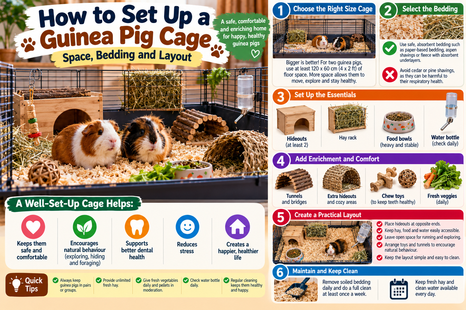 Spacious guinea pig enclosure with deep bedding, hay area, hideouts, water bottle, food bowls and enrichment, showing a safe and practical cage layout.