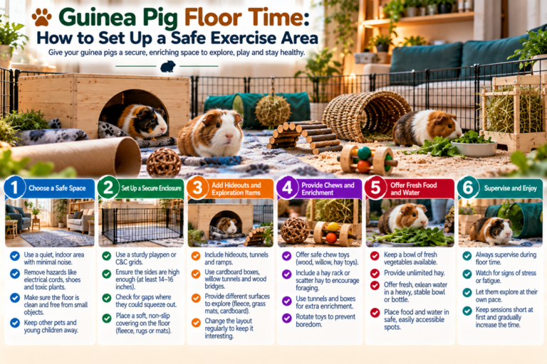 Two guinea pigs exploring a secure indoor floor-time area with tunnels, hideouts, hay and low enrichment toys, illustrating a safe exercise setup for guinea pigs.