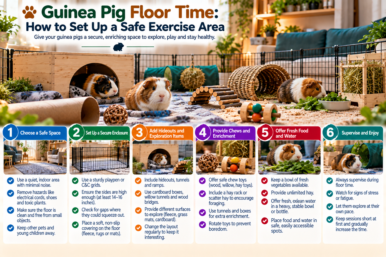 Two guinea pigs exploring a secure indoor floor-time area with tunnels, hideouts, hay and low enrichment toys, illustrating a safe exercise setup for guinea pigs.