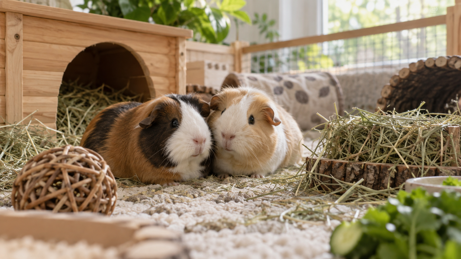 Bonded pair of guinea pigs together in a spacious enclosure