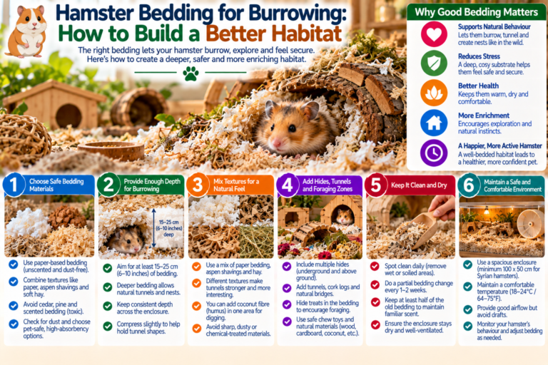 Syrian hamster digging through deep paper-based bedding in a spacious enclosure with tunnels, hideouts and layered substrate designed to support natural burrowing behavior.