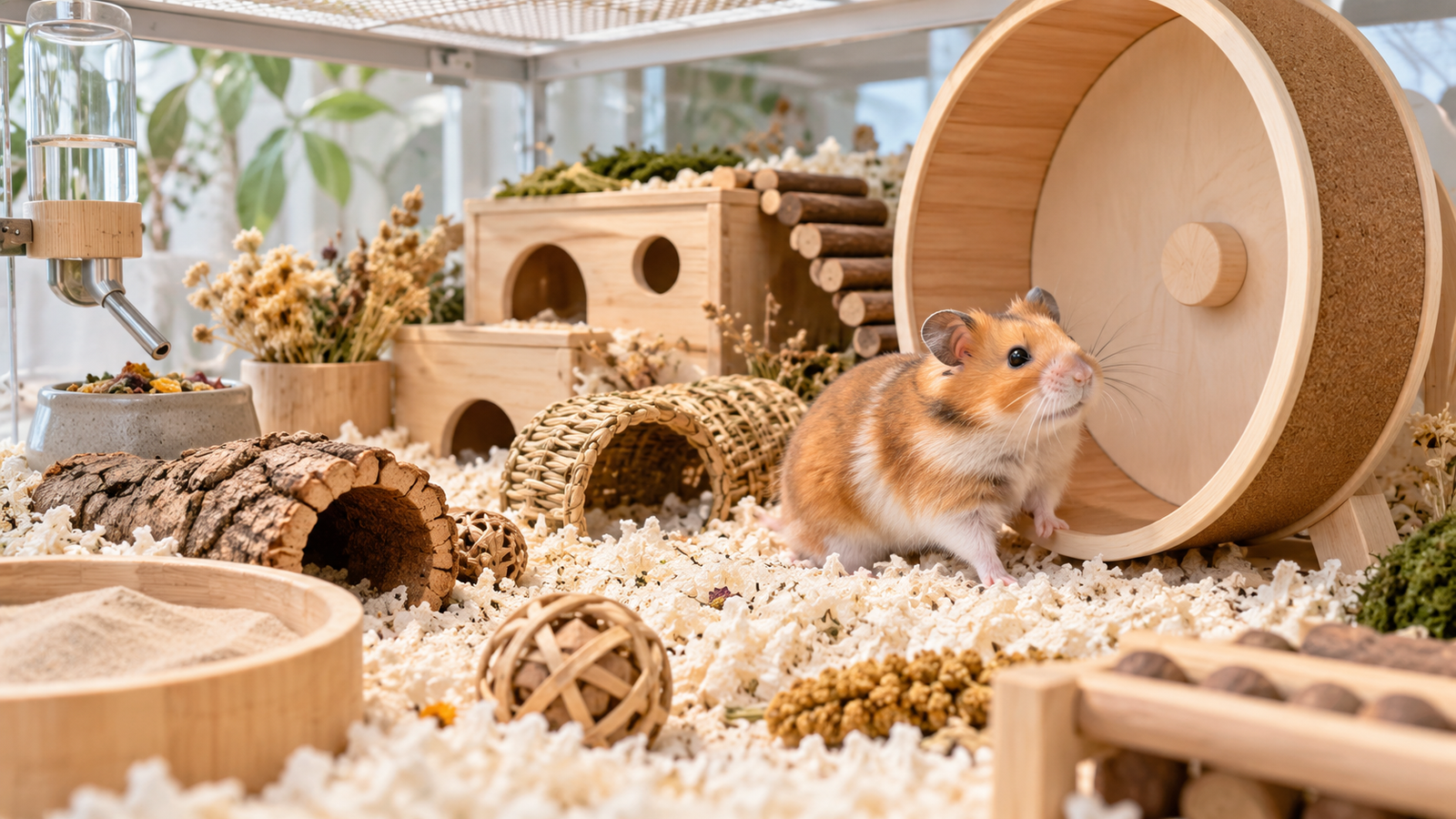 Healthy Syrian hamster beside a solid exercise wheel in a spacious natural-style enclosure with deep bedding, hideouts, tunnels and enrichment.
