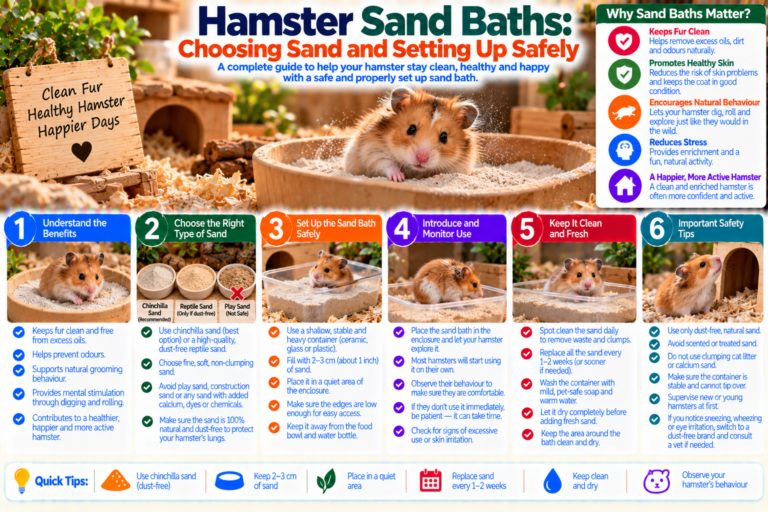 Syrian hamster using a shallow sand bath filled with dust-free reptile-safe sand inside a clean enclosure, illustrating safe sand selection, proper bath depth and placement.