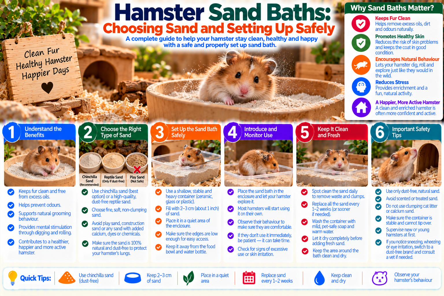 Syrian hamster using a shallow sand bath filled with dust-free reptile-safe sand inside a clean enclosure, illustrating safe sand selection, proper bath depth and placement.
